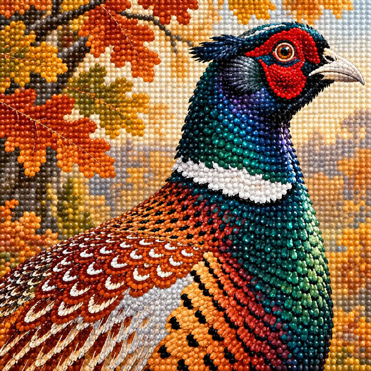 Close-up of the pheasant's colorful diamond drills and autumn oak details