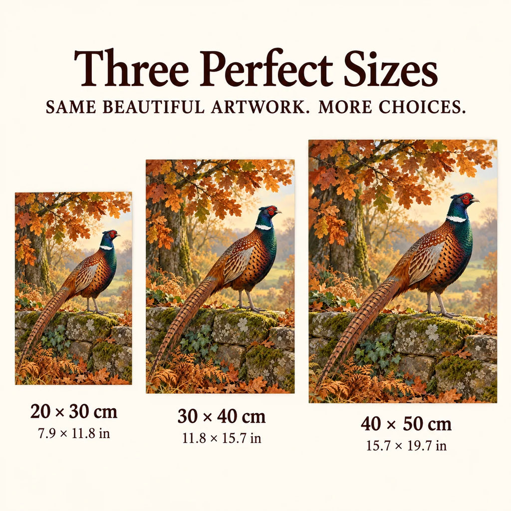 Pheasant diamond painting shown in 20 by 30, 30 by 40, and 40 by 50 centimeter sizes