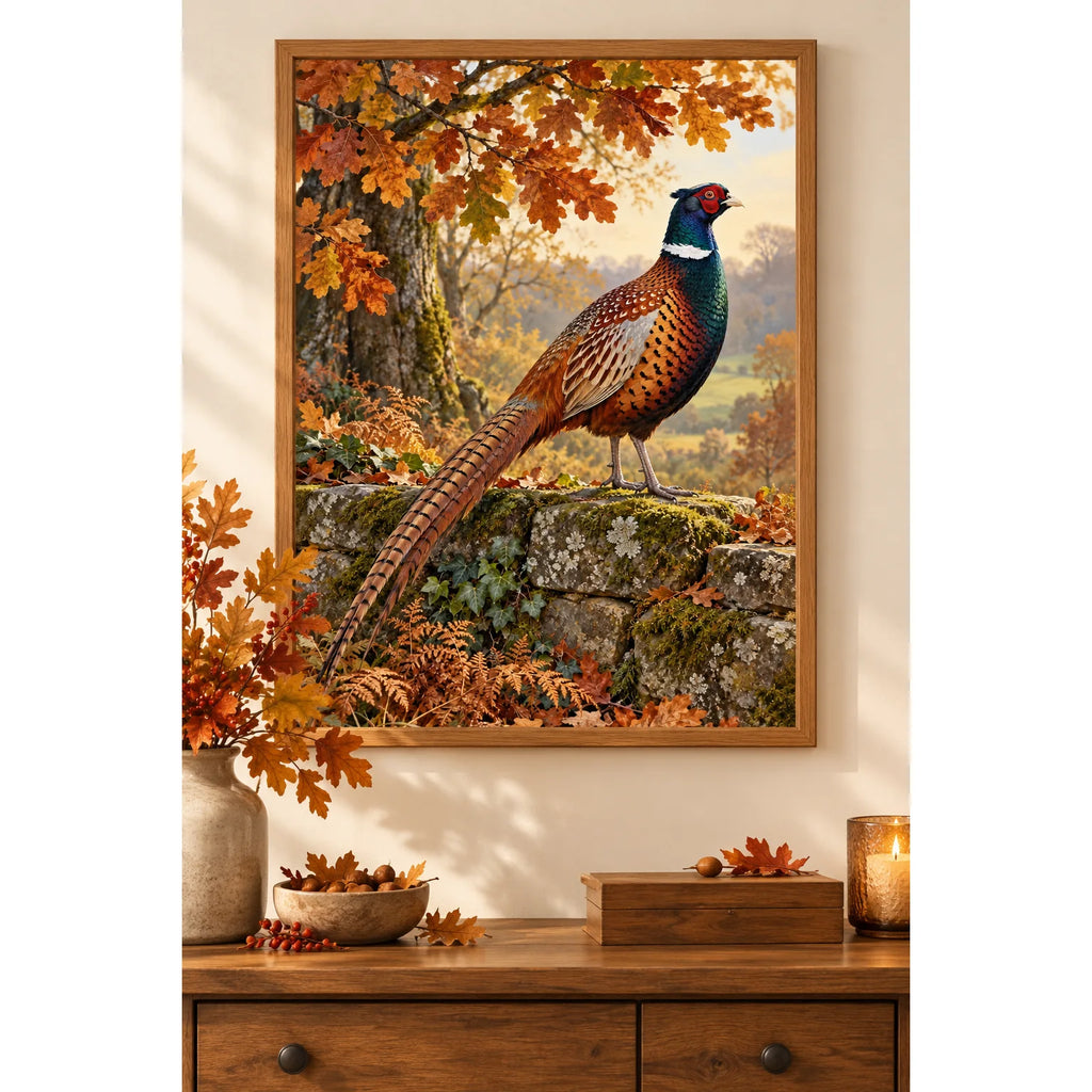 Pheasant beneath autumn oaks diamond painting displayed in a home interior