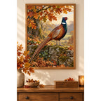 Pheasant beneath autumn oaks diamond painting displayed in a home interior