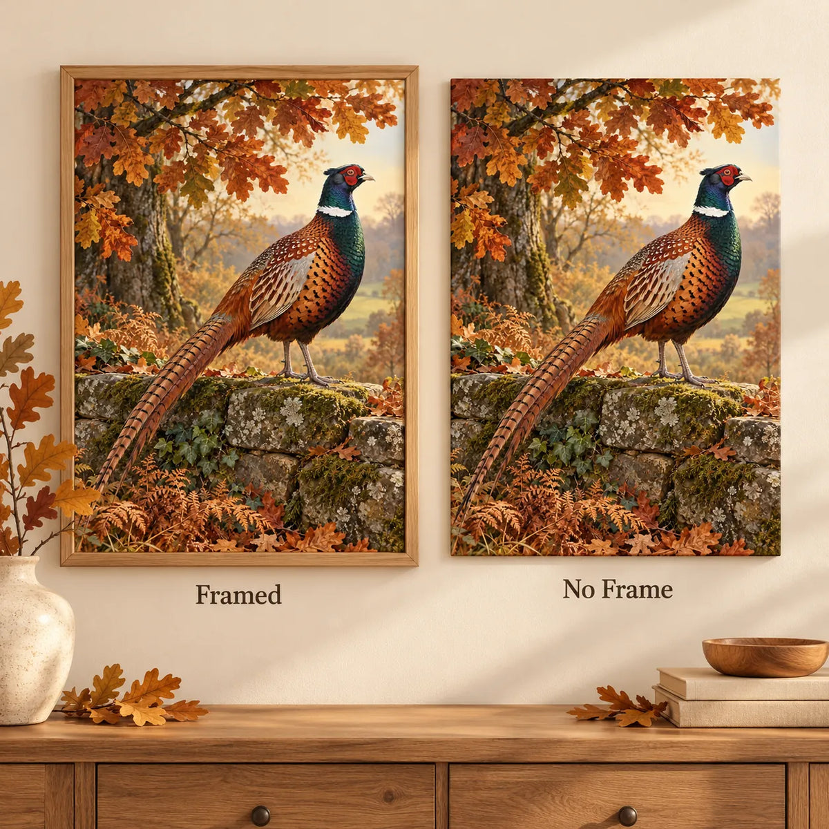 Framed and no-frame options for the pheasant beneath autumn oaks diamond painting