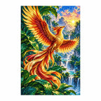 White-background finished diamond painting of a golden phoenix above a waterfall forest
