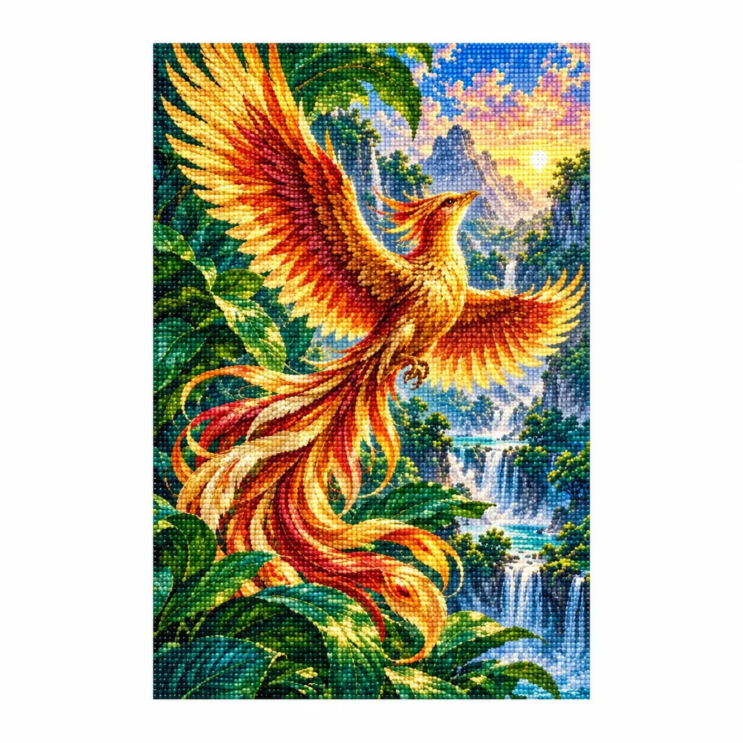 White-background finished diamond painting of a golden phoenix above a waterfall forest