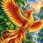 Close-up diamond drill detail on the phoenix feathers and waterfall landscape