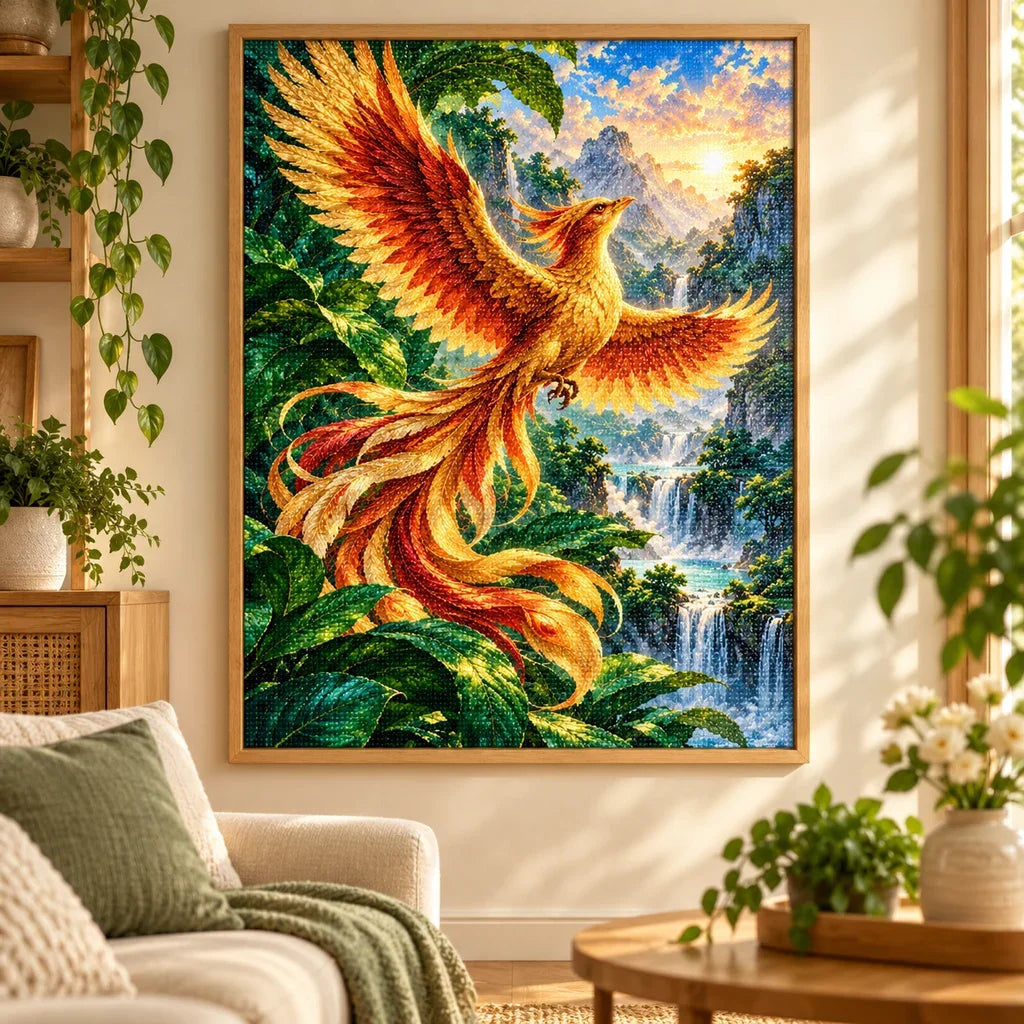 Phoenix waterfall diamond painting displayed in a framed home setting