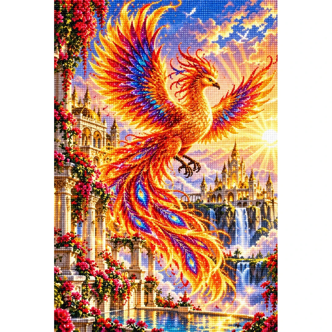 Phoenix Golden Temple Sunrise finished diamond painting on white