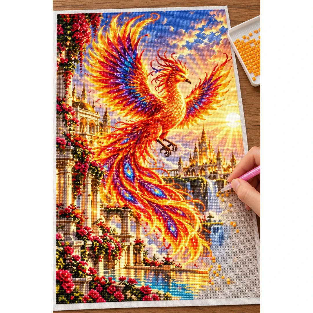 Phoenix Golden Temple Sunrise diamond painting process