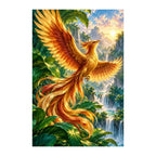 Original illustration of a golden phoenix rising through a green forest canopy above a waterfall, on a white background