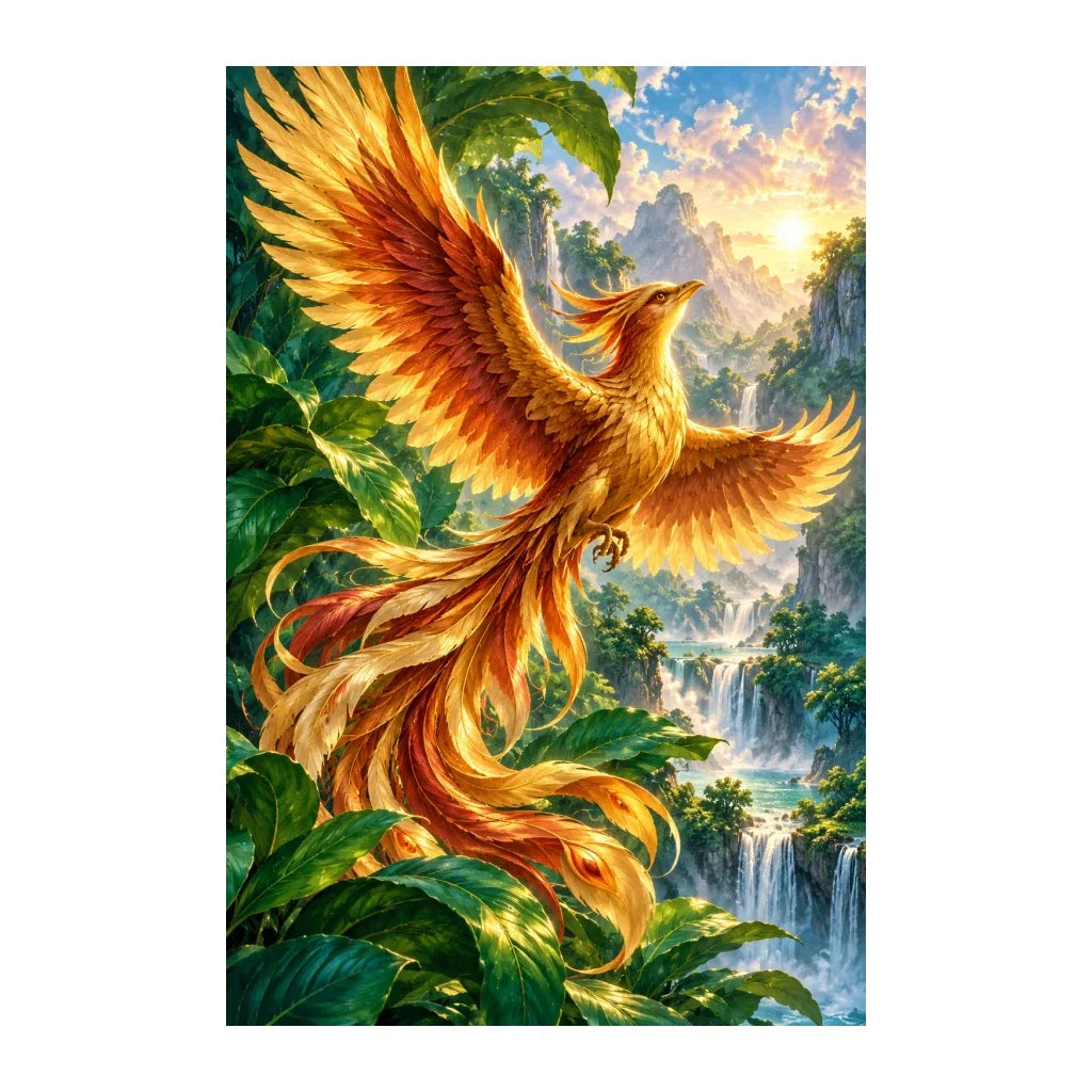 Original illustration of a golden phoenix rising through a green forest canopy above a waterfall, on a white background