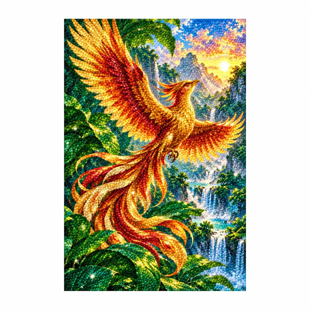 Finished diamond painting of a fiery phoenix in a sunlit forest canopy