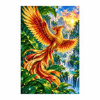 Finished diamond painting of a fiery phoenix in a sunlit forest canopy