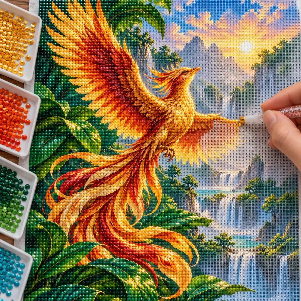 Hand placing diamond drills on the phoenix canopy canvas