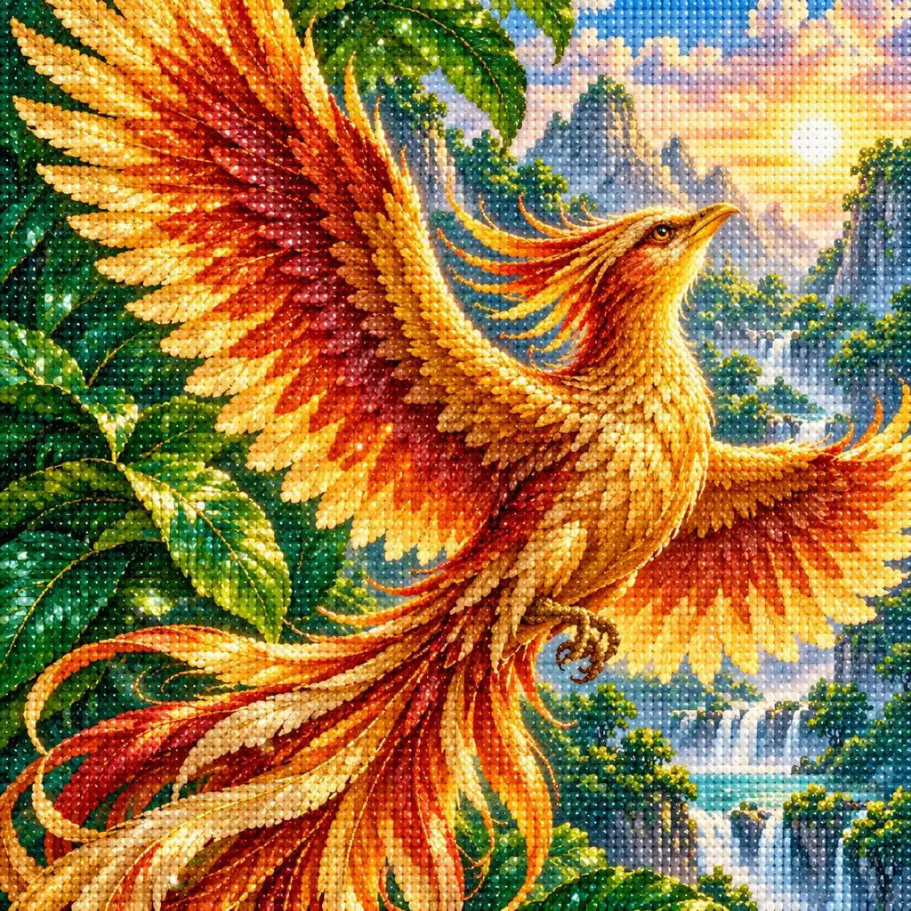 Close-up of diamond drills forming golden phoenix feathers and forest foliage