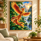 Framed phoenix in a sunlit canopy diamond painting displayed in a bright interior