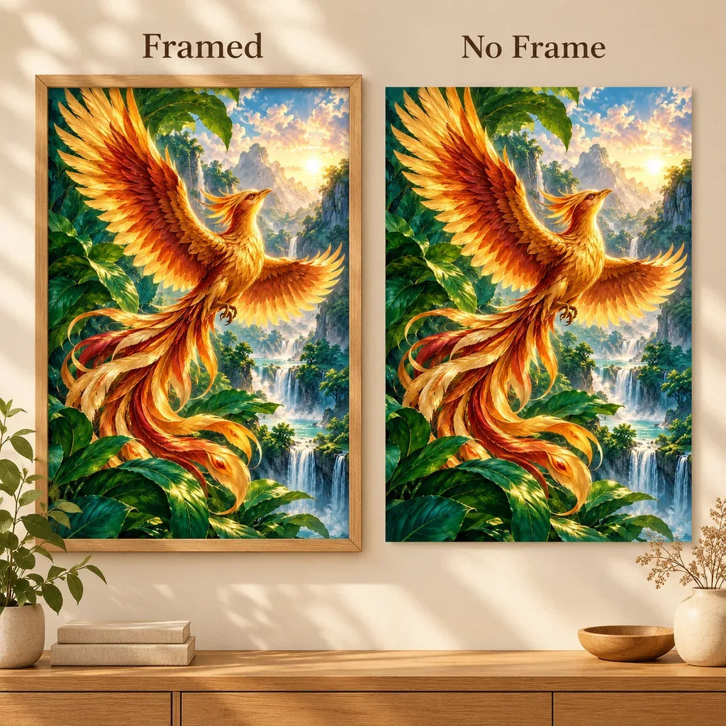 Framed and no-frame comparison for the phoenix canopy diamond painting
