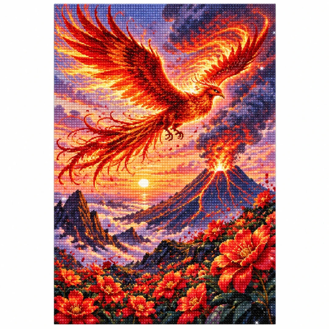 Phoenix Volcano Sunset Diamond Painting Kit finished diamond artwork on white background