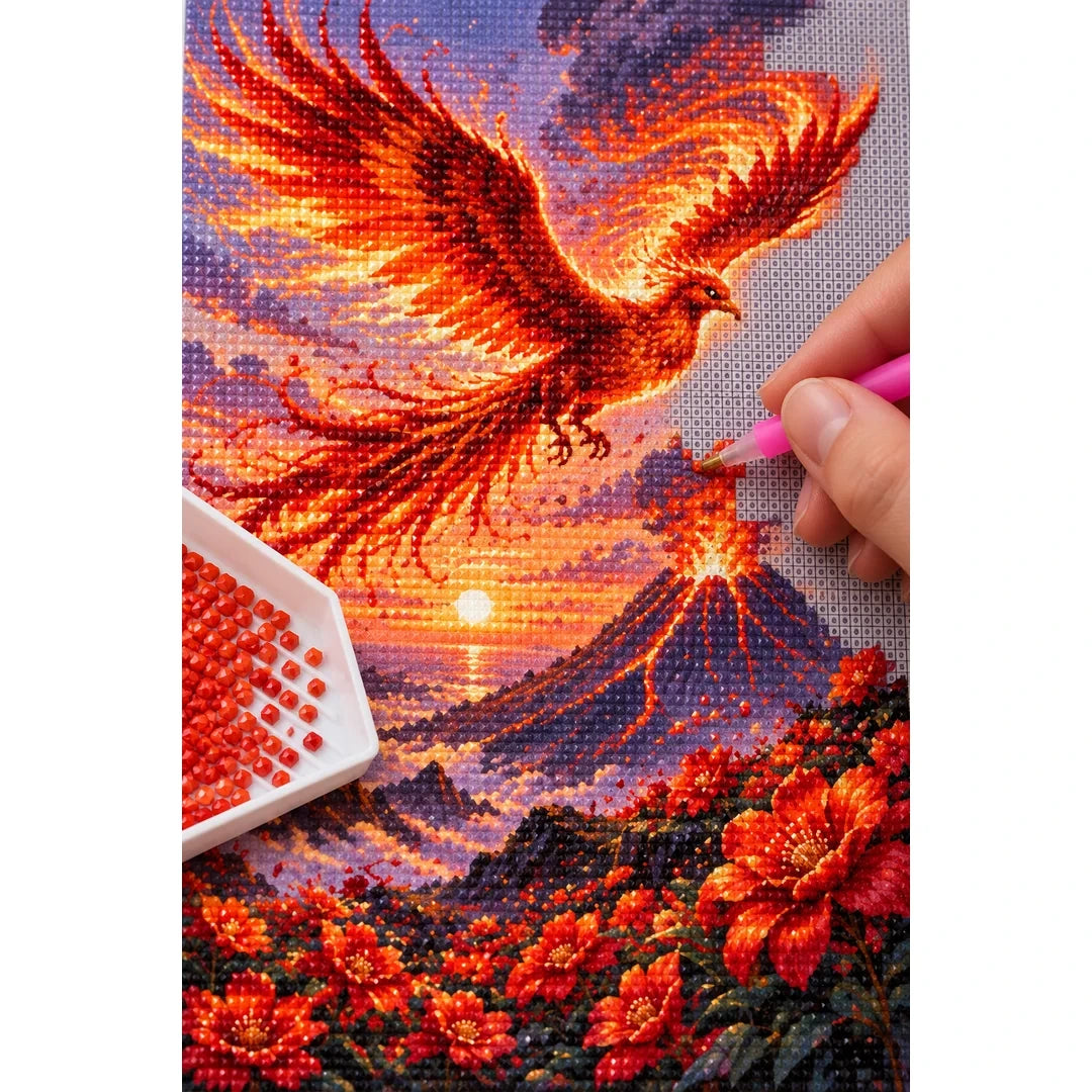 Phoenix Volcano Sunset Diamond Painting Kit diamond placement process