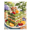 Original artwork showing a bear enjoying fruit beside a matcha layer cake in a leafy picnic setting.