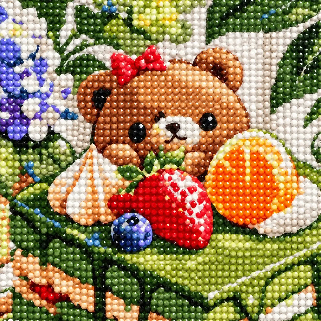Close-up of diamond drills on artwork showing a bear enjoying fruit beside a matcha layer cake in a leafy picnic setting.