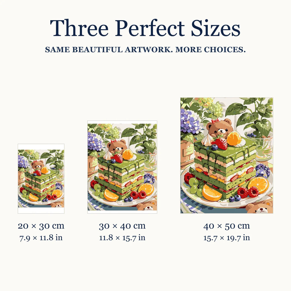 Size guide for Picnic Bear Matcha Layer Cake Diamond Painting Kit: 20 × 30 cm, 30 × 40 cm, and 40 × 50 cm.