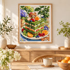 Home decor scene featuring a diamond painting of a bear enjoying fruit beside a matcha layer cake in a leafy picnic setting.
