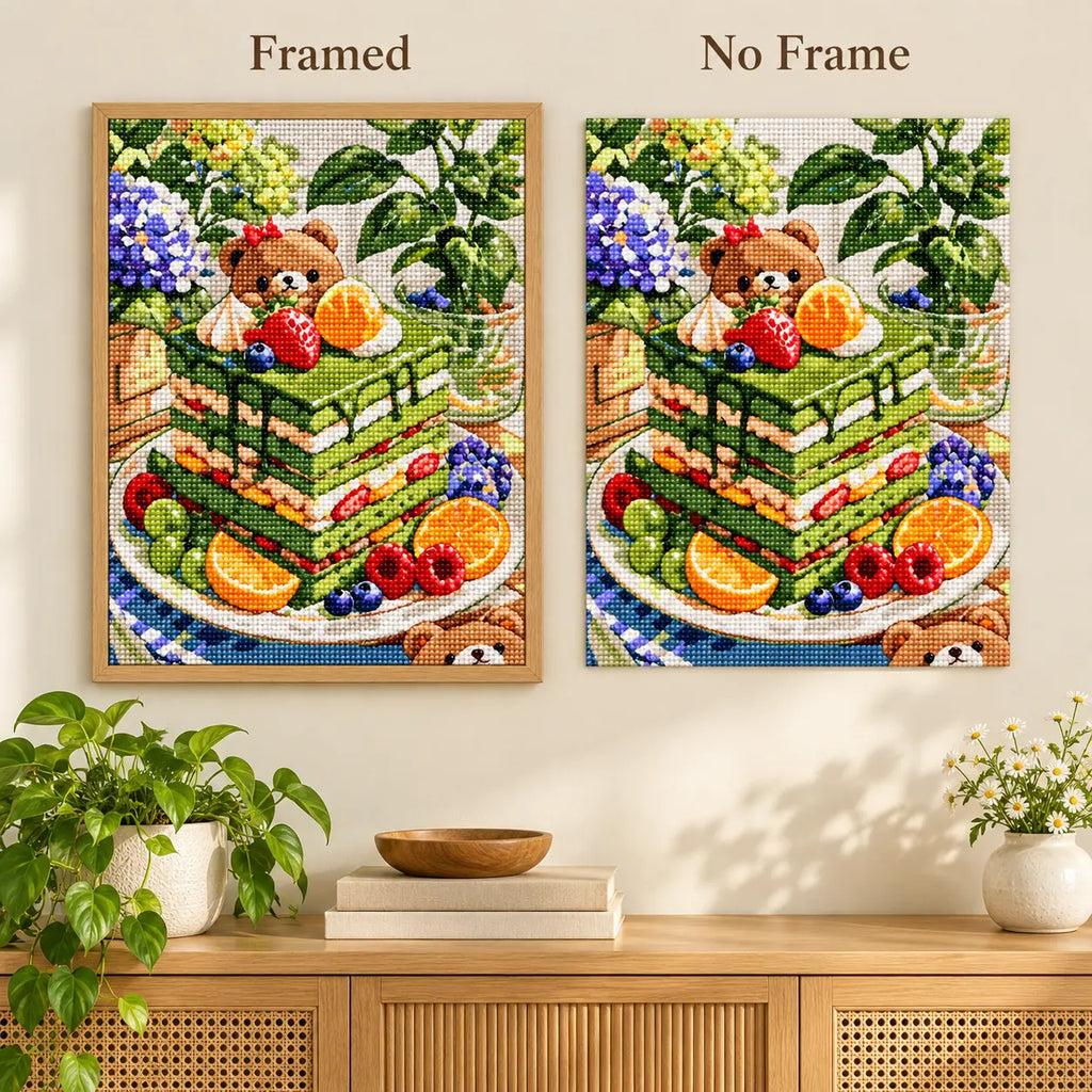 Framed and no-frame comparison for Picnic Bear Matcha Layer Cake Diamond Painting Kit.