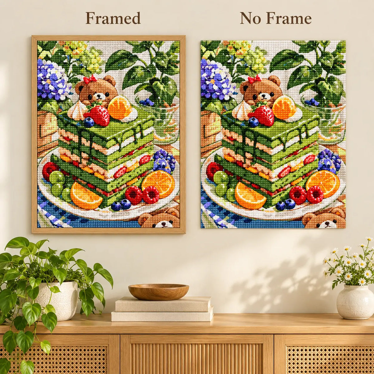Framed and no-frame comparison for Picnic Bear Matcha Layer Cake Diamond Painting Kit.