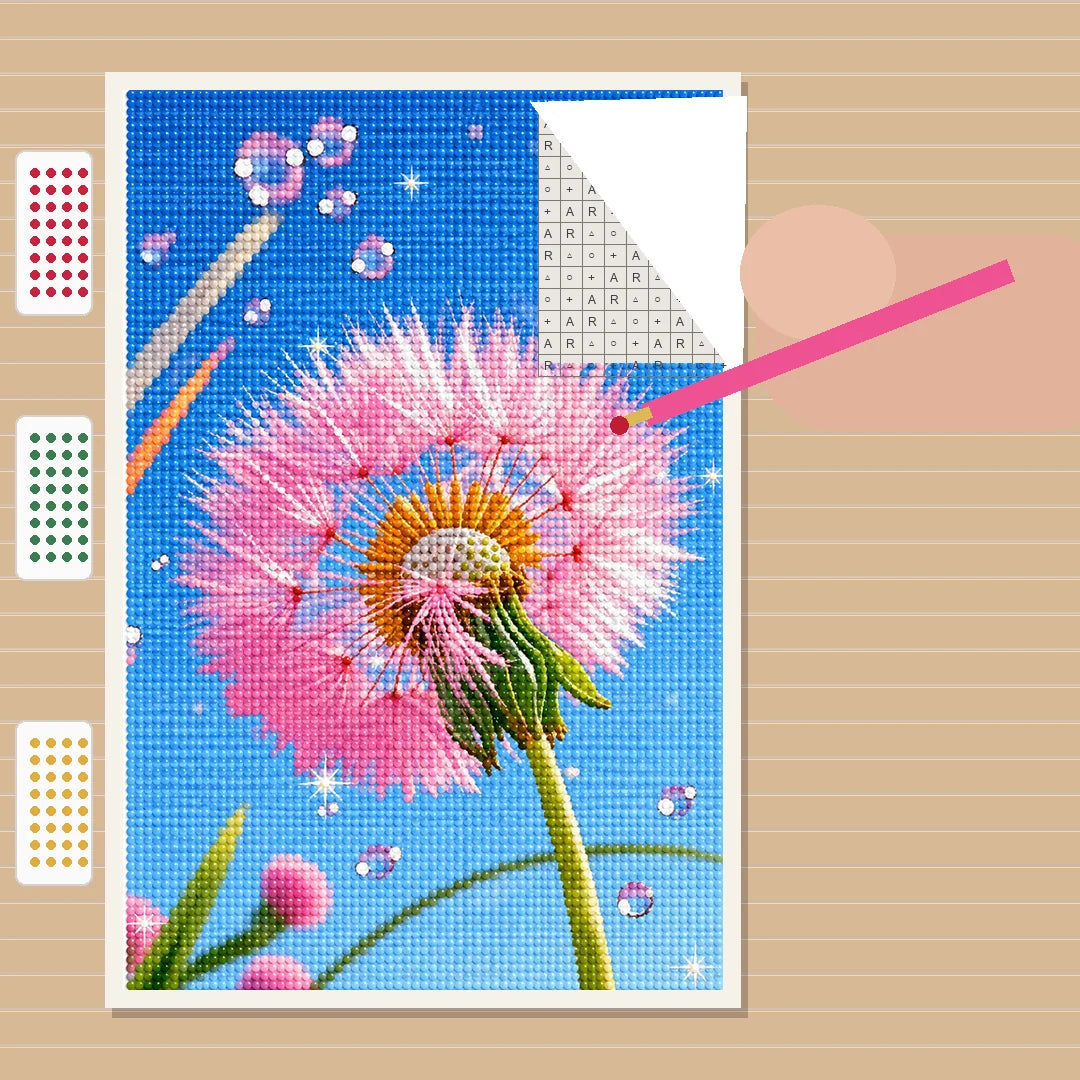 Pink Dandelion Wishes Diamond Painting Kit process view