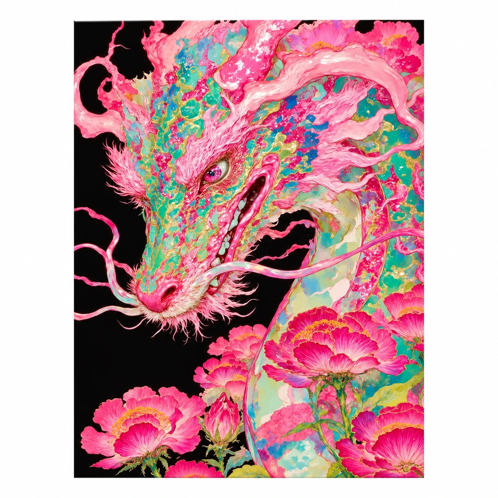 Original artwork of a vivid pink dragon above peonies on a black background