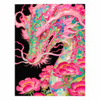Original artwork of a vivid pink dragon above peonies on a black background