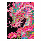 Finished diamond painting of a vivid pink dragon above peonies on a black background