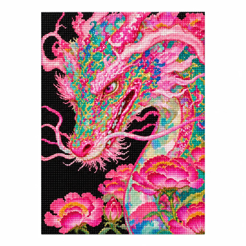 Finished diamond painting of a vivid pink dragon above peonies on a black background