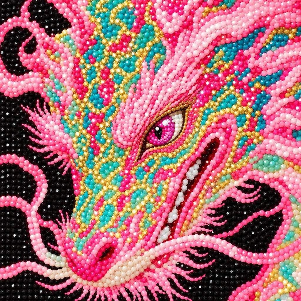 Close-up of colorful drill details on the pink dragon and peonies diamond painting
