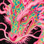 Close-up of colorful drill details on the pink dragon and peonies diamond painting