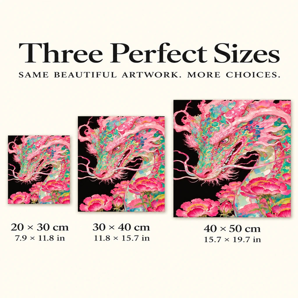 Three canvas size options for the pink dragon and peonies diamond painting: 20 by 30, 30 by 40, and 40 by 50 cm