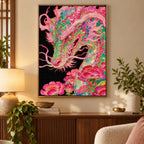 Pink dragon and peonies diamond painting displayed framed in a home interior