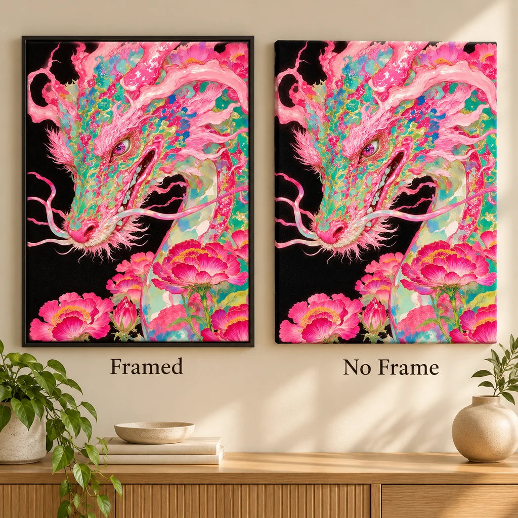 Framed and no-frame styles of the pink dragon and peonies diamond painting