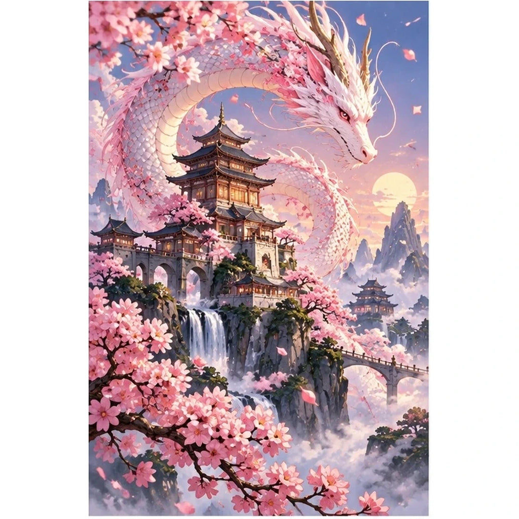 Pink Dragon Cherry Blossom Pagoda Diamond Painting Kit original artwork on white background