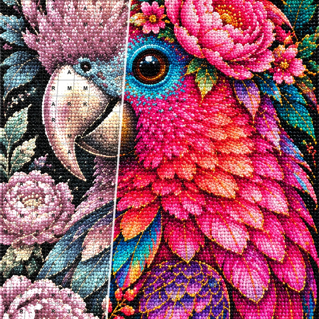 Pink Floral Macaw Diamond Painting Kit — Diamond and canvas detail