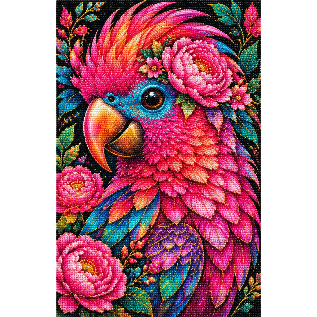Pink Floral Macaw Diamond Painting Kit — Finished white-background diamond painting