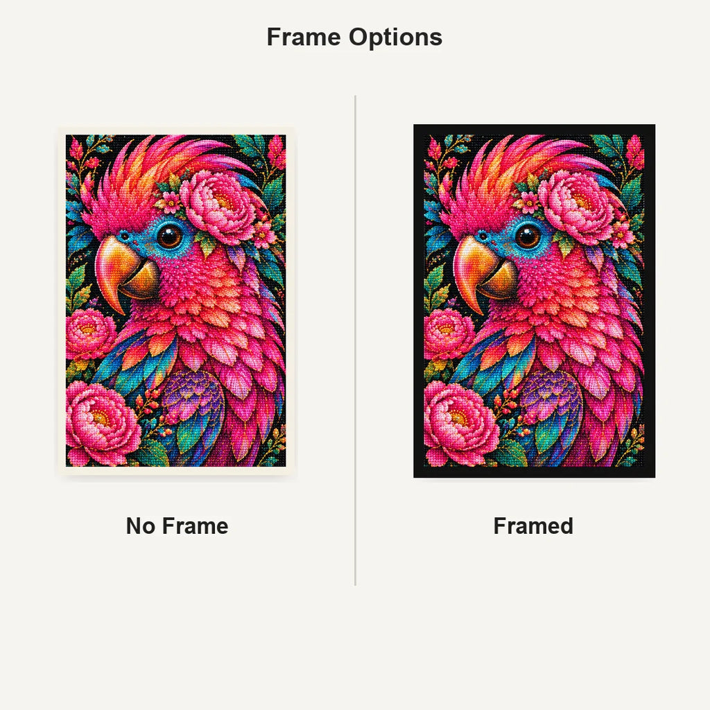 Pink Floral Macaw Diamond Painting Kit — No Frame and Framed comparison
