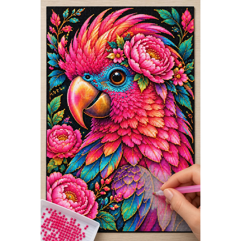 Pink Floral Macaw Diamond Painting Kit — Diamond painting process
