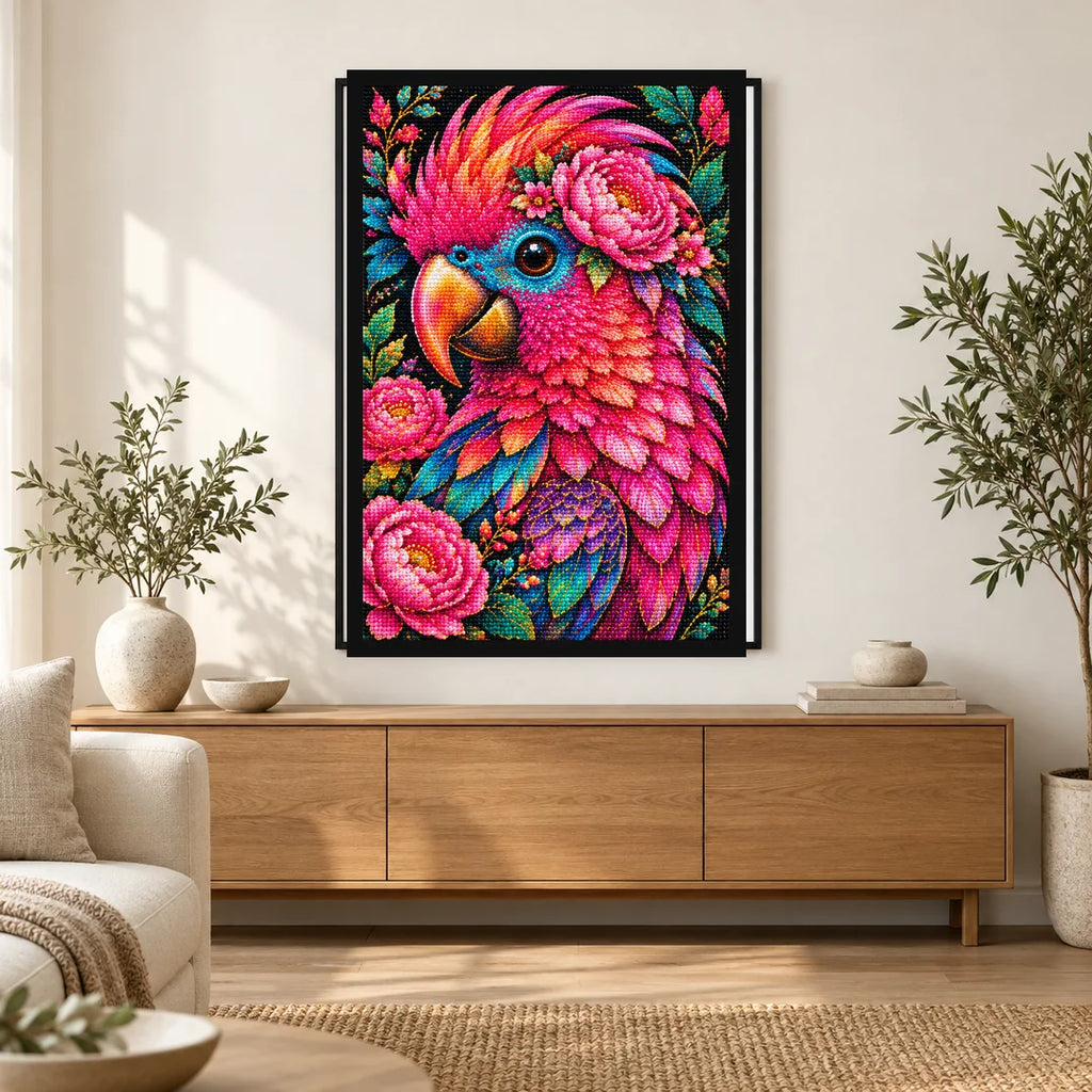 Pink Floral Macaw Diamond Painting Kit — Home decor scene