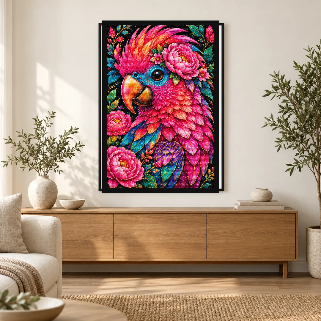 Pink Floral Macaw Diamond Painting Kit — Home decor scene