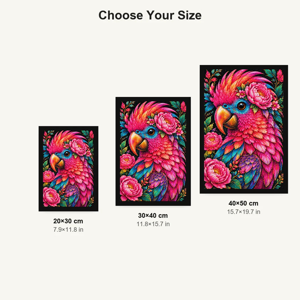 Pink Floral Macaw Diamond Painting Kit — Size guide