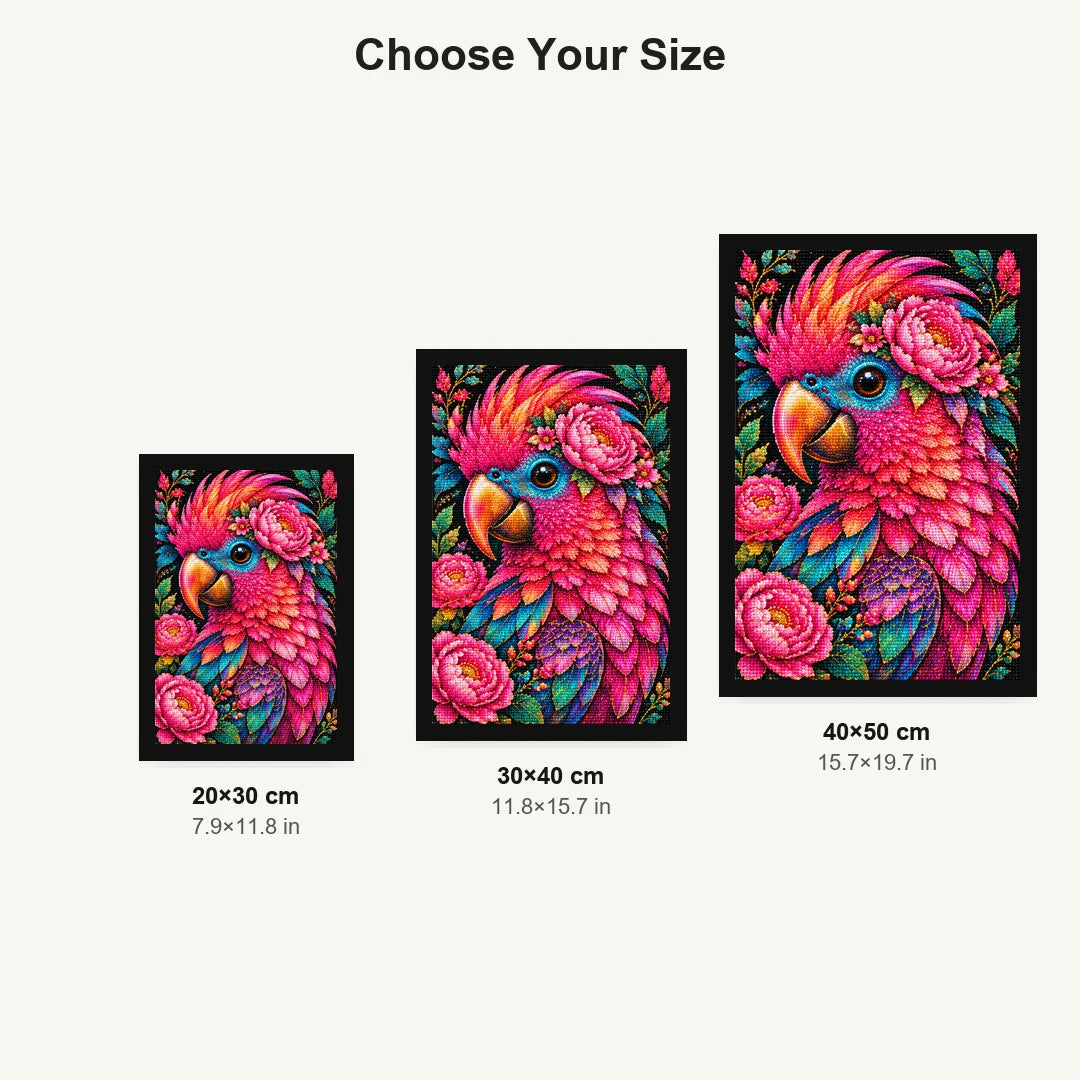 Pink Floral Macaw Diamond Painting Kit — Size guide