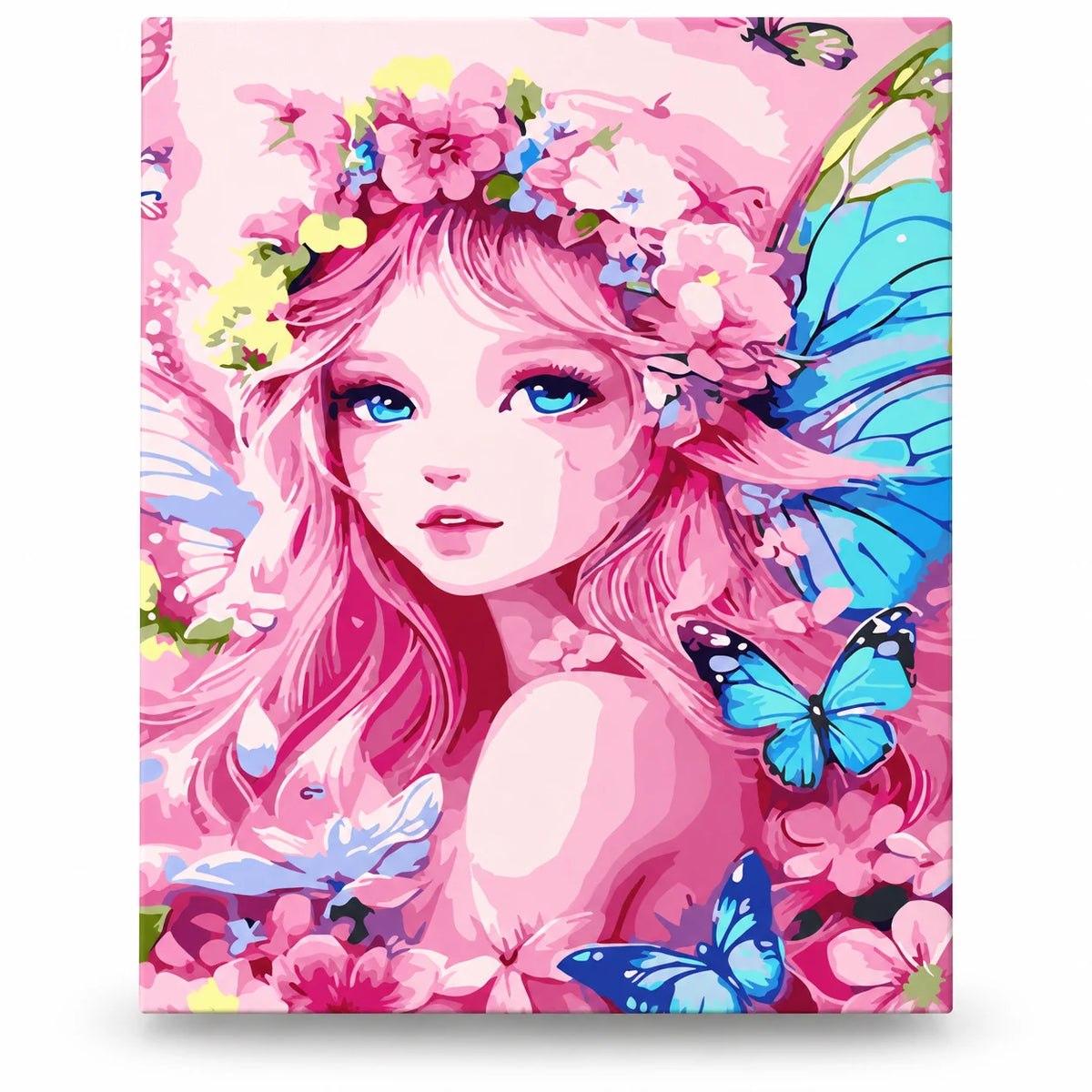 Pink Flower Fairy with Butterflies paint by numbers artwork on a front-facing canvas against a white background