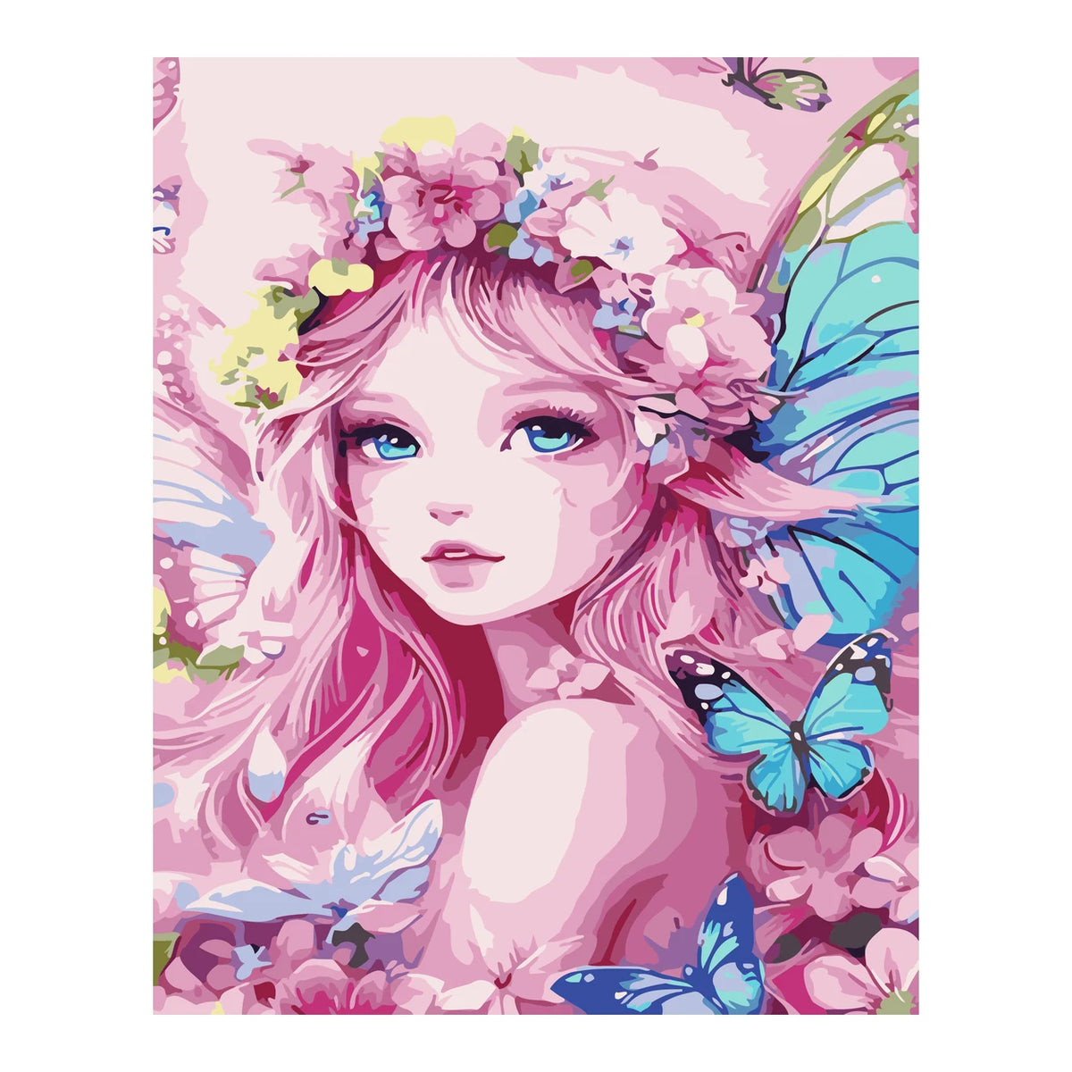 Pink Flower Fairy with Butterflies completed artwork on a clean white background