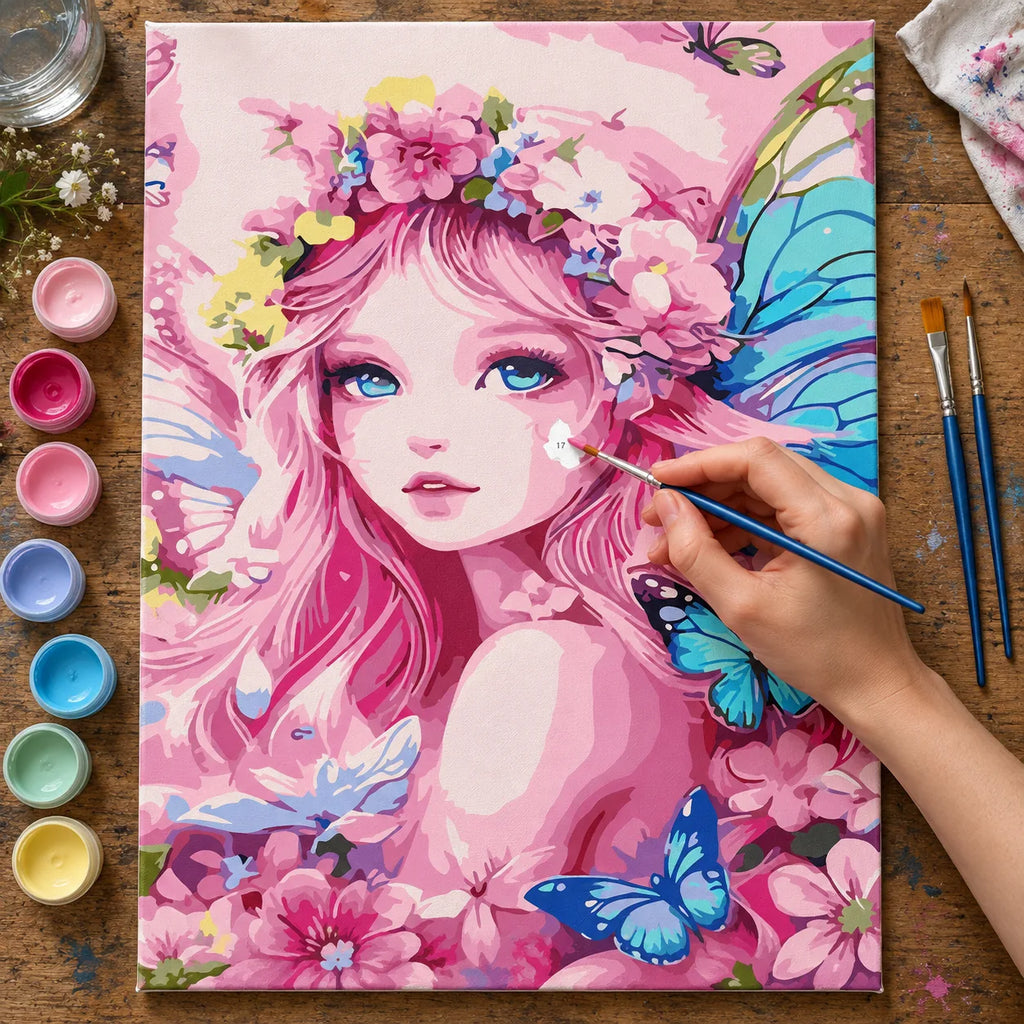 Complete Pink Flower Fairy with Butterflies numbered canvas being painted with acrylic paints and brushes