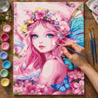 Complete Pink Flower Fairy with Butterflies numbered canvas being painted with acrylic paints and brushes